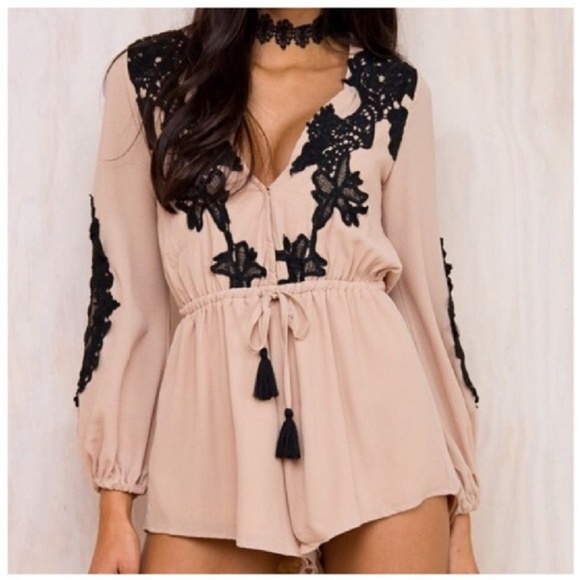 Nude Long Sleeve Embroidered  Romper - Picture 2 of 3